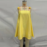 Pbong  Solid Spliced Appliques Loose Dresses for Women Square Neck Sleeveless High Waist Temperament Dress Female