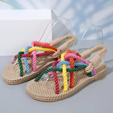 Pbong  Women Rainbow Color Braided Rope Flat Heel Sandals Outdoor Casual Slip On Slides Sandals Woman Plus Size 43 Beach Vacation Shoes