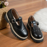 Pbong  Black T-Strap Flat Shoes for Women, Round Toe Brogue Detail with Metal Buckle, Casual Chunky Soled Shoes