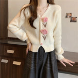 Flower Applique Knit Cardigan Autumn Winter Women Cardigan Sweater Coats Long Sleeve Crop Knitted Jackets Cute Outfit