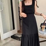 Pbong  Faionable Summer  Women's Bla Long Vest Dr Slimming Waist Design Square Collar Comfortable Korean Sle Commute