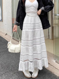 Pbong   White Skirts for Women High Waist A-line Chic Jupe Korean Summer Saia Lace Embroidery Sweet Long Skirt