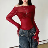 Y2K Aesthetics Women Mesh Sheer Crop Tops Hotsweet Lace Splic Slim T-shirts E-girl Sexy Clubwear See through Blouses