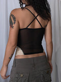 Contrast Lace Patchwork Black Goth Y2K Camisole Women Front Ruched Back Cross Slim Cute Mesh Crop Top