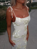 Embroidery Flower Backless Long Dresses Sexy Sling Slim Fit Robes Female Summer Long Ruffles Sleeve Short Dress Party Streetwear
