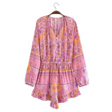 Pbong  Open Button V neck Flower Print Full Raglan Sleeve Bodysuits Women Elastic Bow Sashes Short Jumpsuits Romper Holiday