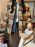 Vintage Faux Woolen Plaid Coat Women Fall Winter Long Sleeve Sweet Jacket Retro Preppy Style Korean Elegant O Neck New Tops