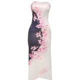 Backless Dress Women Flower Print Contrast Strapless Sleeveless Irregular Bottom Pleated Midnight Club Party Vestidos