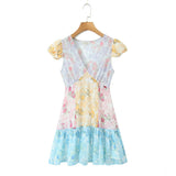 Pbong  Retro French style Contrast Color Flower Print V neck Mini Dress Sexy Short Flying Sleeve Ruffles Hem Slim Waist Robe