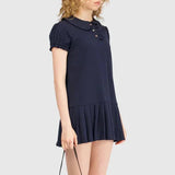 Pbong  Solid Spliced Folds Slimming Dresses for Women Lapel Short Leeve High Waist Temperament Dress Female