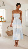 Summer New Women's Patchwork Striped Fashion Long Dress Square Collar Loose A-line Lace Up Vacation Beach Women Dresses