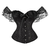 Pbong  Women's Y2K Vintage Halloween Lace Patchwork Ruffled Short Sleeve Corset Bow Tied Button-down Shapewear Slim Fit Tops