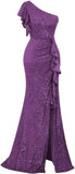 Pbong  Sequin Ruffle Formal Dresses One Shoulder Mermaid Evening Gown Sparkly Long Maxi Dress with Slit