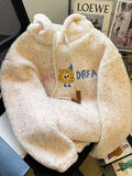 Winter Faux Lamb Sweet Coat Women Cute Cartoon Embroidery Warm Jacket Casual Loose Long Sleeve Korean Fashion Hooded Tops