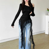 Pbong  Irregular Spliced Gauze Skew Collar Off Shoulder Women Clothing Y2k Aesthetic Camisetasspring New Ropas Clothes