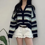 Striped Knit Cardigan Long Sleeve Button Down Boxy-fit Sweater Jacket for Women Teen-girl Korean Fashion Chic Fall Winter Outfit