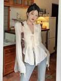 Fairycore Lace Up Blouse Women Long Sleeve New Turn Down Collar Shirts Feminina Ladies Cropped Tops Korean Fashion Chic