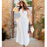 White Deep V-back Hanging Neck Sexy Long Dress High Waist Vacation Beach Summer Dress Fashion Solid Color A-line Party Dress