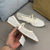 Pbong  Fashion Floral Embroidery Mesh Mary Janes Women Ballet Flats Comfortable Soft Soles Summer Casual Loafers Female Walking Shoes