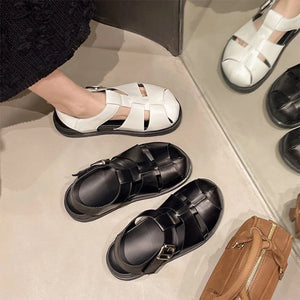 Pbong  Women's Sandals Roman Weave Hollow-Out Closed-Toe Sandals for Women Summer Outdoor Wear Flat Thick-Soled Buckle Sandals