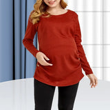 Pbong  Soft and Comfortable Breastfeeding Base for Pregnant Women Wine Red Solid Color Round Neck High-quality Long Sleeved T-shirt