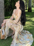 Autumn Women Printed A-line Long Dresses Elegant Flare Sleeve V-neck Dress Vintage Casual Birthday Vestidos Female Clothes New