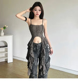 Y2k Aesthetic Patchwork Ruffles Clothes Sexy Women High Street Punk 2024 Top Sleeveless Crop Tanks Summer New Popular Clothing