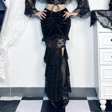 Gothic Folding Fishtail Multi-layer Splicing Split Skirt Woman Velvet High Waist Lace Patchwork Punk Mermaid Skirts