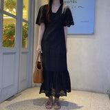 Flower Embroidery V-neck Straight Long Dress White Hollow Out Vacation Short Sleeve Dress Casual Female Clothing 2025 New