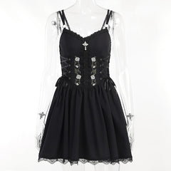 Goth Dark Lolita Gothic Aesthetic Bandage Corset Dresses Grunge Style Black Embroidery Emo Dress Women A-line Party Alt Clothes