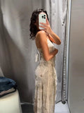 Sexy Sequin Ruffles Sling Mini Dresses Women Vintage Sleeveless Beads V-neck Slim Party Dress Female Spring Chic Streetwear