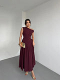Women Fashion Slanted Shoulder High Waist Pleated Dress Elegant Sleeveless V-neck Long Robes Vocation Beach Street Vestidos