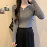 Pbong  French Style Slim Fit V Neck Knitwear Long Sleeve Womens Base Layer Black Sweater Autumn Winter Shirt