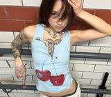 Harajuku Print Vintage Tank Tops Women Sleeveless Zipper Y2k Grunge Crop Tops American Retro Tee Tops Summer Out Wear