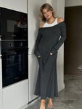 Fashion Fake Two Piece Shoulder Off Long Dress Modal Soft Vintage Slash Neck Slim Women Dress 2025 New Winter Fall Female Cloth