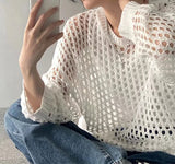 Women Mesh Top Oversized Long Sleeve T-shirts Crew Neck Loose Casual Knit Tees See-Through Openwork Knit Top Women Spring Summer