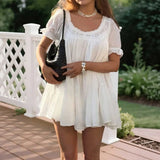 Pbong  Casual Loose White Mini Dress Women Summer Short Sleeve O-neck Lace Short Dresses Elegant