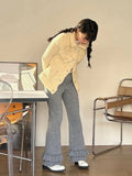 Korean Casual Women Knitted Ruffles Flare Pants Vintage Simple Fashion All Match Wide Leg Trousers Y2k Grunge Mujer Pantalones