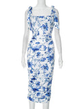 Floral Print Backless Sexy Maxi Dress For Women Gown Spaghetti Strap Square Collar Ruched Bodycon Club Party Dress