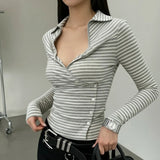Pbong  Casual Button Striped T Shirt Basic Slim Turn-Down Collar Long Sleeve Tees Women Autumn Spring Fashion Streetwear Ladies