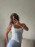 Pbong  Lace Spliced Striped Corset Camis Women Cross Lacing Up Bandage Back  Square Neck Summer Tank Top Slim Fit Crop Top