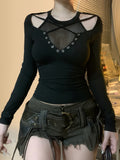 Darkly Punk Cothic Women Long Sleeve T-Shirt Patchwork Chic Fabric Cut Out O-Neck Top Tees Slim Sexy Solid Tops