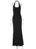 Halter Backless Sexy Maxi Dress Women Gown Summer New Solid U Neck Sleeveless High Waist Long Dress Elegant