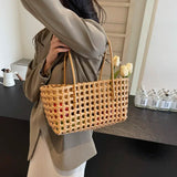 Small Solid Color Weave Tote Bags for Women Fashion Summer Shoulder Bags Simple Handbags Hollow Out Beach Bag
