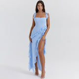 High Quality Summer Elegant Maxi Chiffon Dress Woman  Trendy Square Neck Long Ruffle Party Evening Dress Red