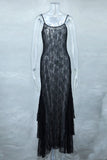 Fashion Sexy Lace Perspective Thin Suspender Long Dress Solid Color Ruffle Black Basic Women Dress Vacation 2025 Summer New