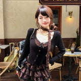 Harajuku long sleeve Sweet Leopard Slim Kawaii 2 Piece Sets Y2k Leopard Patchwork Top + Puff Cake mini Skirt 2000s Vintage Suits