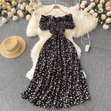 Pbong  Romantic Floral Print Long Dress  New Summer Off Shoulders Puff Sleeve Big Swing Women Dress Korean Party Vestidos