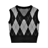 Vintage Plaid Sweater Vest Women V-neck Sleeveless Tank College Style Knitting Pullovers Tops for Daily