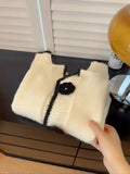 Retro Round Neck Black Sweater Women Clothing Autumn/Winter Korean Style Sweet Commuter Slim Short Knitted Cardigan Women Tops
